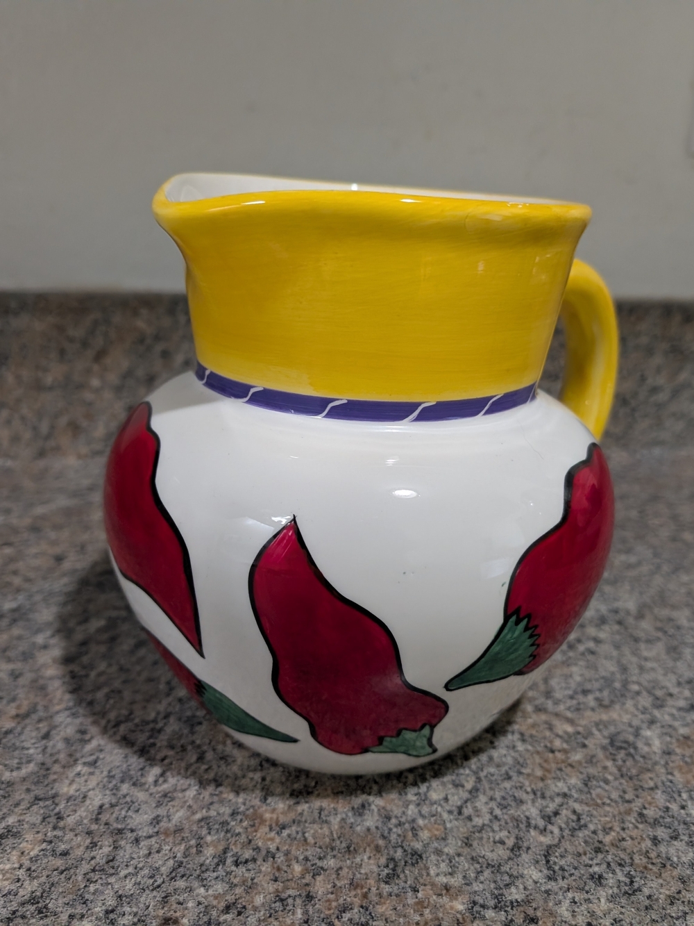 Hand-Painted Yellow & White Ceramic Pitcher with Red Floral Accents
